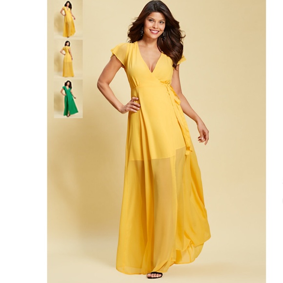NWT New York & Company ALLISON wrap MAXI DRESS - EVA MENDES  yellow S - Picture 1 of 11